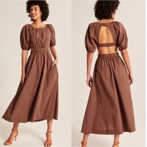Abercrombie & Fitch open-back puff-sleeve midi dress in brown XS